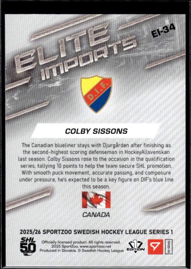 2025-26 SportZoo SHL Series 1 #EI-34 Colby Sissons Elite Imports