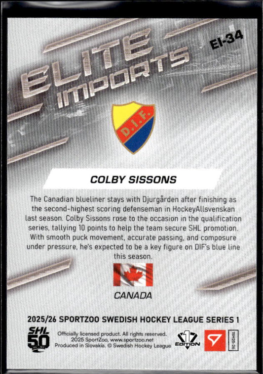 2025-26 SportZoo SHL Series 1 #EI-34 Colby Sissons Elite Imports