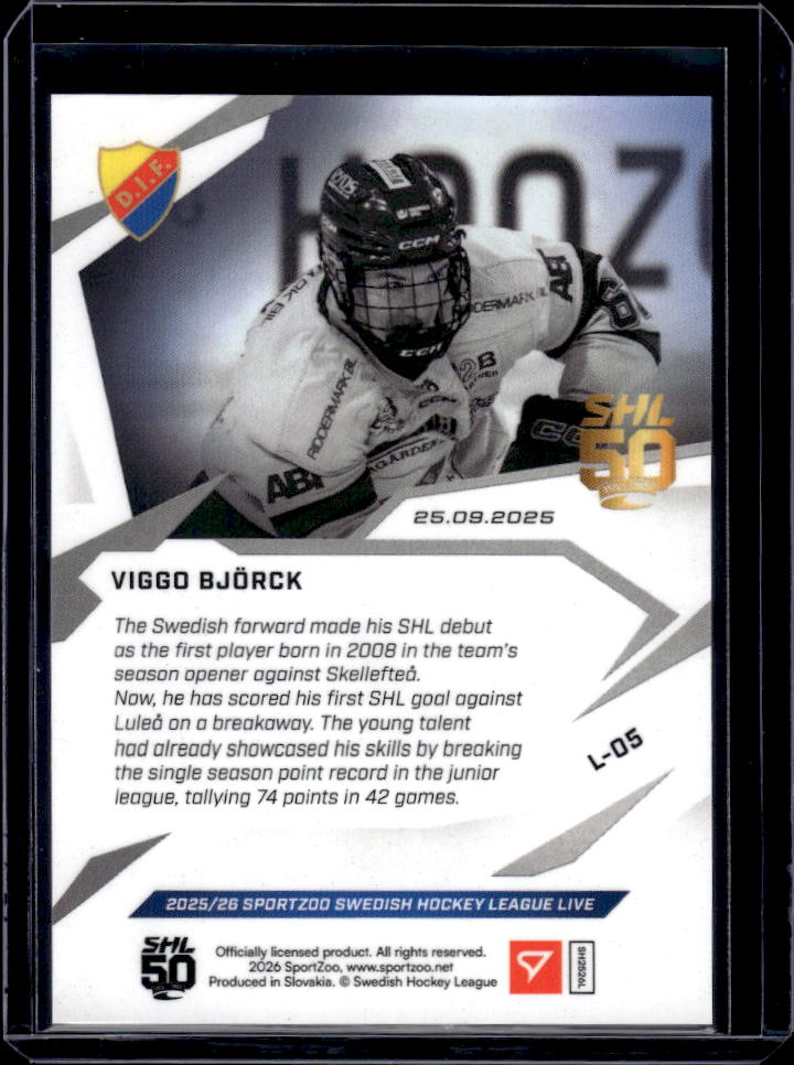 2025-26 SportZoo SHL Live #L-05 Viggo Björck Rookie /324