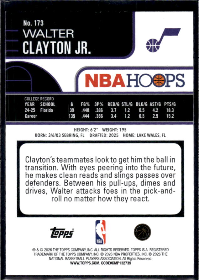 2025-26 Hoops #173 Walter Clayton Jr. Base Rookie