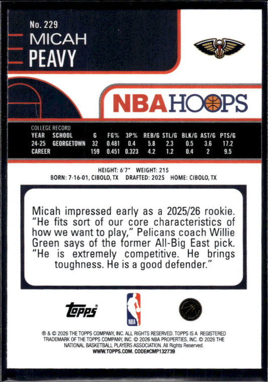 2025-26 Hoops #229 Micah Peavy Base – back