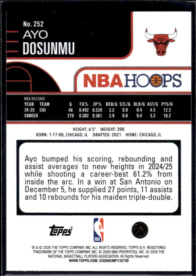 2025-26 Hoops #252 Ayo Dosunmu Base – back
