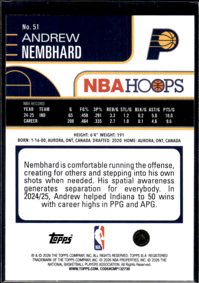 2025-26 Hoops #51 Andrew Nembhard Base – back