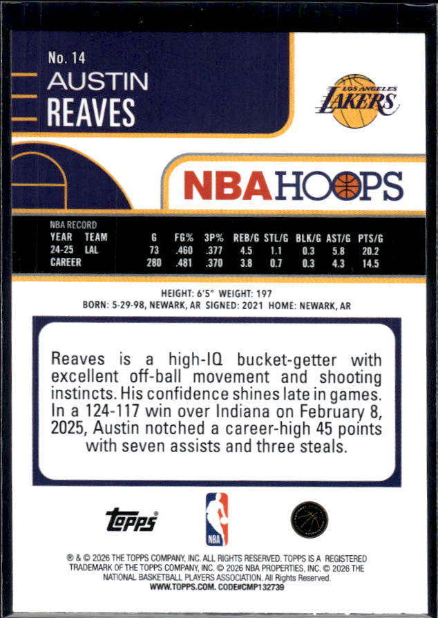 2025-26 Hoops #14 Austin Reaves Base – back