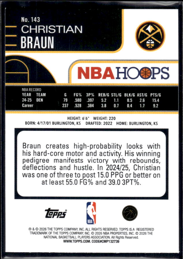 2025-26 Hoops #143 Christian Braun Base – back