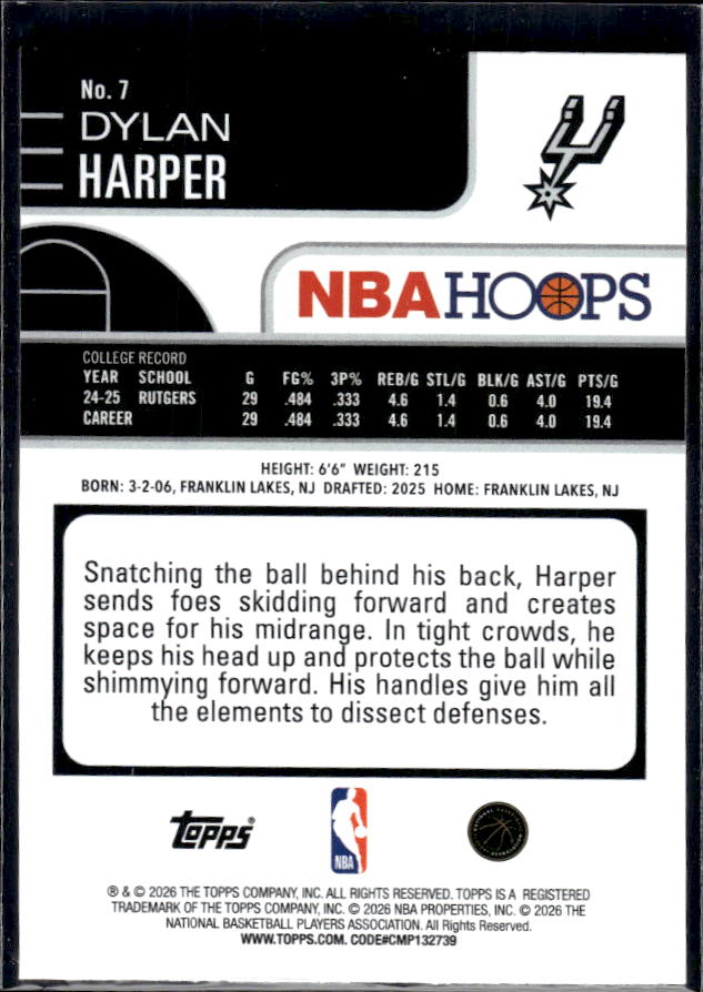 2025-26 Hoops #7 Dylan Harper Base – back