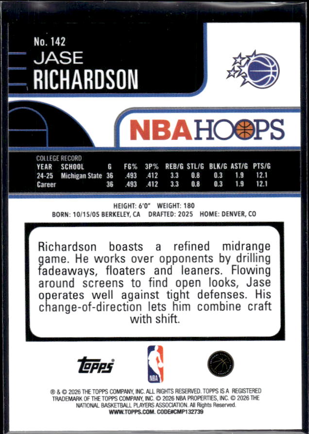 2025-26 Hoops #142 Jase Richardson Base – back