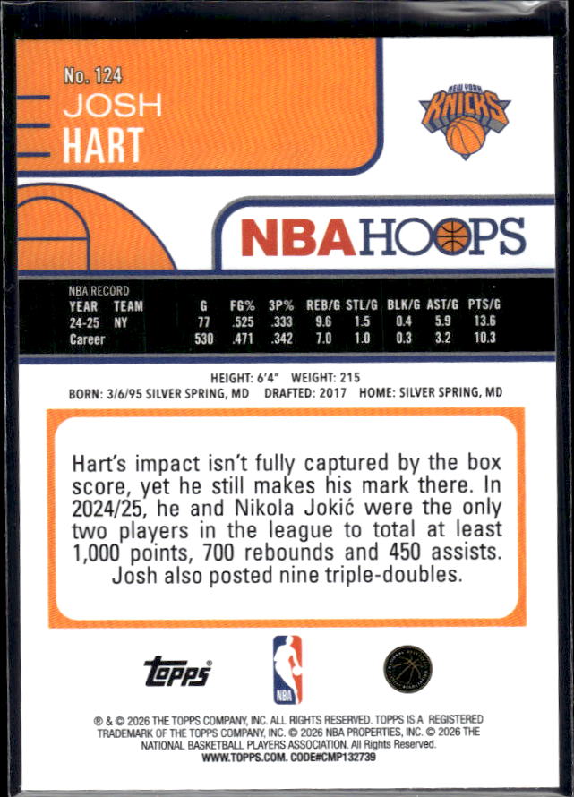 2025-26 Hoops #124 Josh Hart Base – back