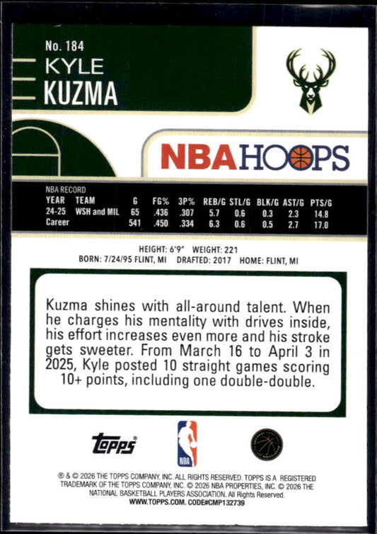 2025-26 Hoops #184 Kyle Kuzma Base – back