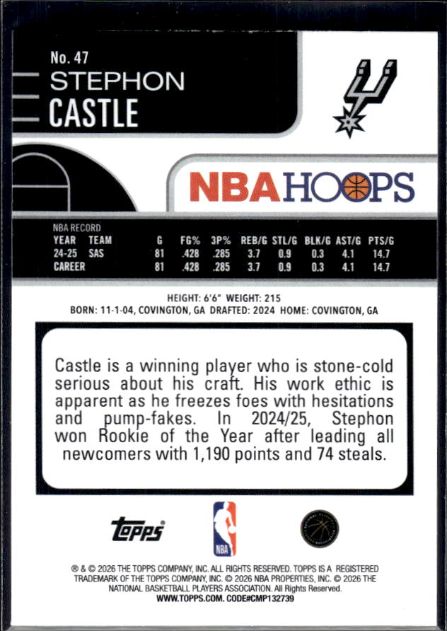 2025-26 Hoops #47 Stephon Castle Base – back