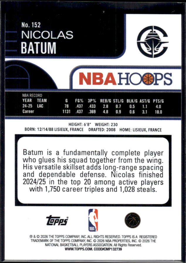 2025-26 Hoops #152 Nicolas Batum Base – back