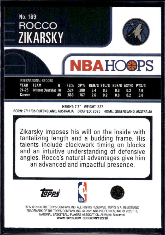 2025-26 Hoops #169 Rocco Zikarsky Base – back