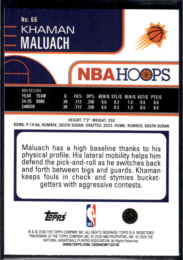 2025-26 Hoops #66 Khaman Maluach Base – back
