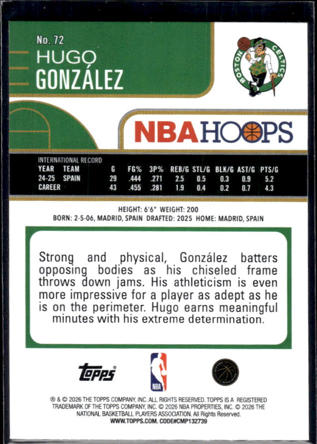 2025-26 Hoops #72 Hugo Gonzalez Base – back
