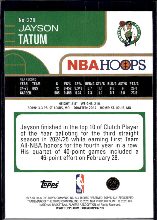 2025-26 Hoops #228 Jayson Tatum Base – back