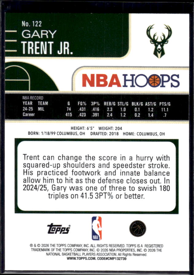 2025-26 Hoops #122 Gary Trent Jr. Base – back