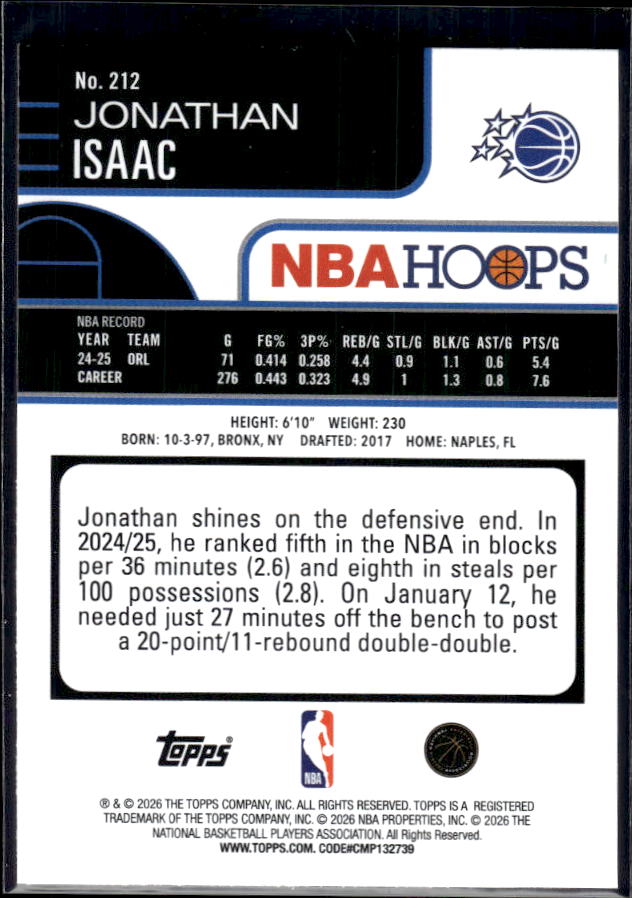 2025-26 Hoops #212 Jonathan Isaac Base – back