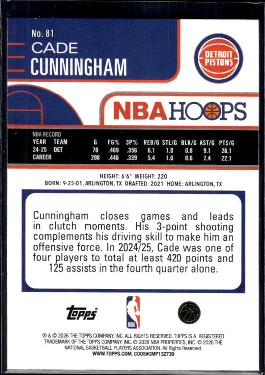 2025-26 Hoops #81 Cade Cunningham Base – back