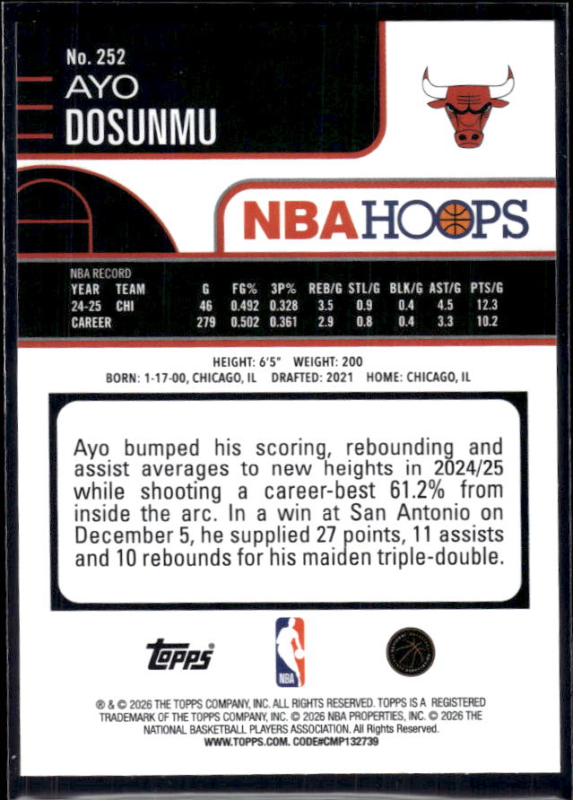 2025-26 Hoops #252 Ayo Dosunmu Base – back