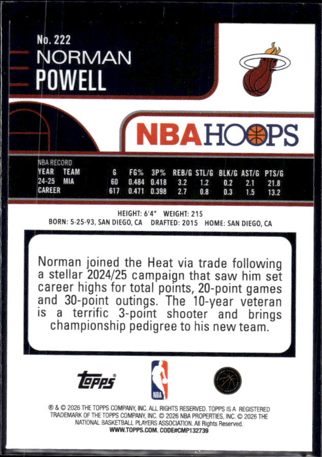 2025-26 Hoops #222 Norman Powell Base – back