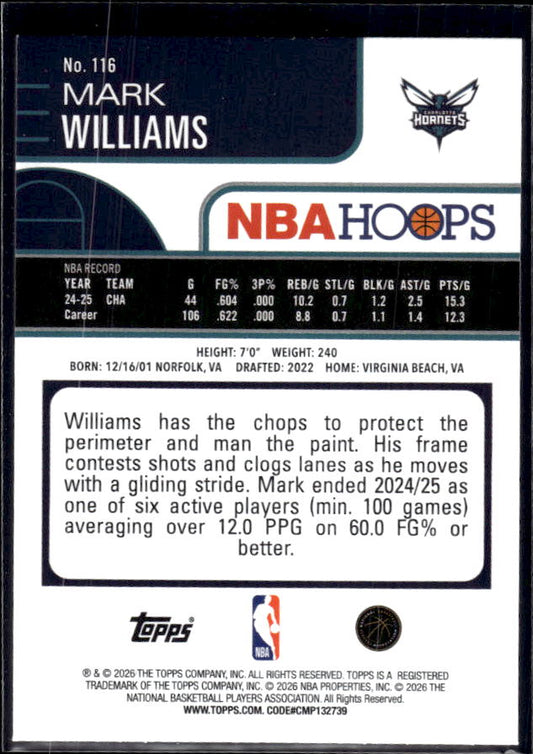 2025-26 Hoops #116 Mark Williams Base – back