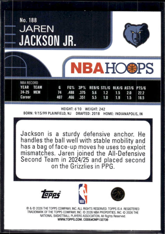 2025-26 Hoops #188 Jaren Jackson Jr. Base – back