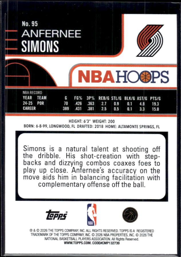2025-26 Hoops #95 Anfernee Simons Base – back