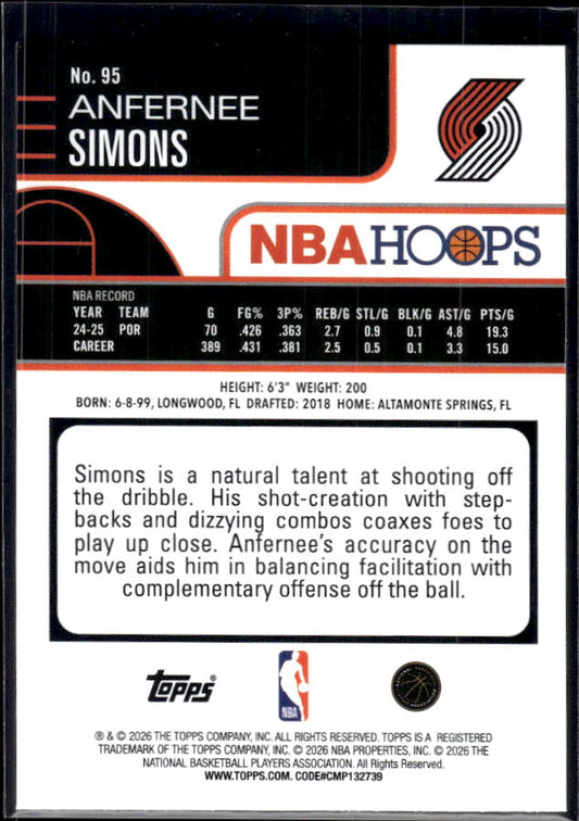 2025-26 Hoops #95 Anfernee Simons Base – back