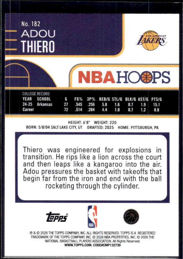 2025-26 Hoops #182 Adou Thiero Base – back