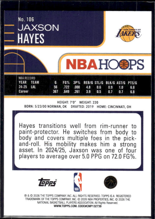 2025-26 Hoops #106 Jaxson Hayes Base – back