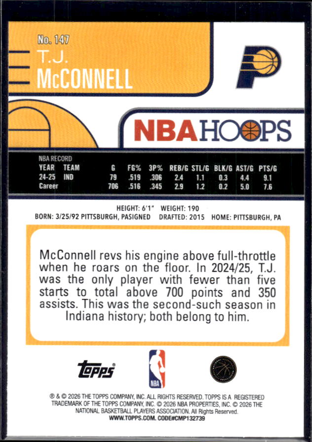 2025-26 Hoops #147 T.J. McConnell Base – back