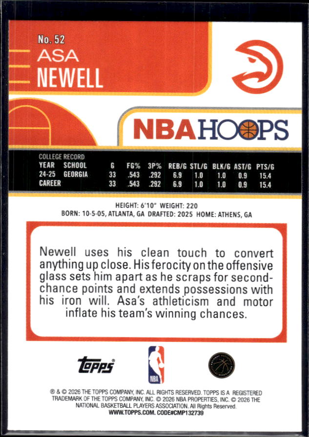 2025-26 Hoops #52 Asa Newell Base – back