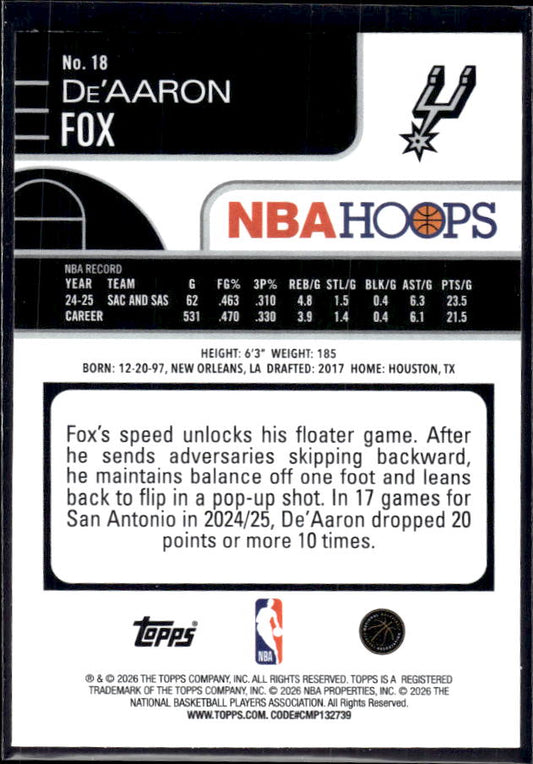 2025-26 Hoops #18 De'Aaron Fox Base – back