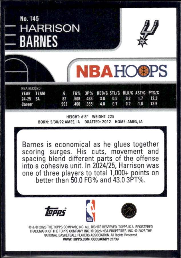 2025-26 Hoops #145 Harrison Barnes Base – back
