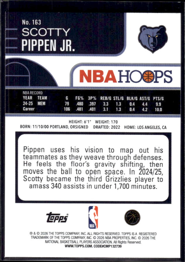 2025-26 Hoops #163 Scotty Pippen Jr. Base – back