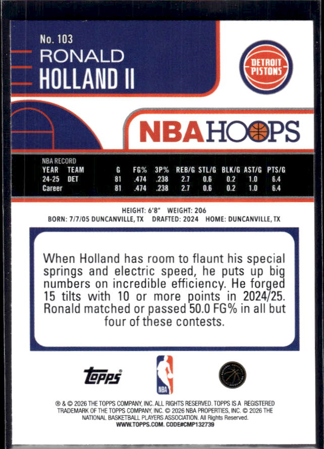2025-26 Hoops #103 Ronald Holland II Base – back