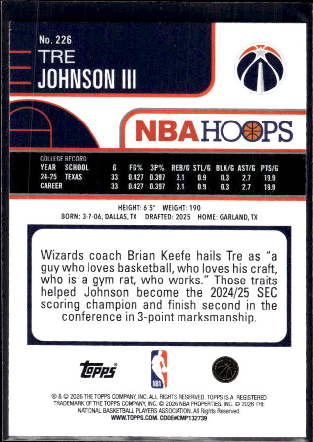 2025-26 Hoops #226 Tre Johnson III Base – back