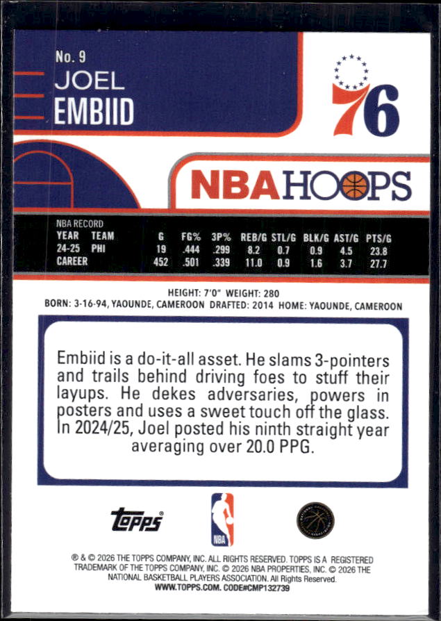 2025-26 Hoops #9 Joel Embiid Base – back