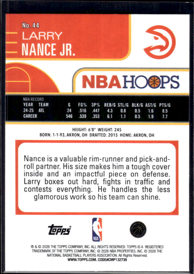 2025-26 Hoops #44 Larry Nance Jr. Base – back