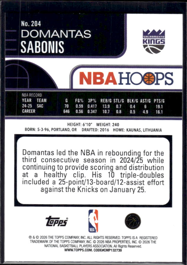 2025-26 Hoops #204 Domantas Sabonis Base – back