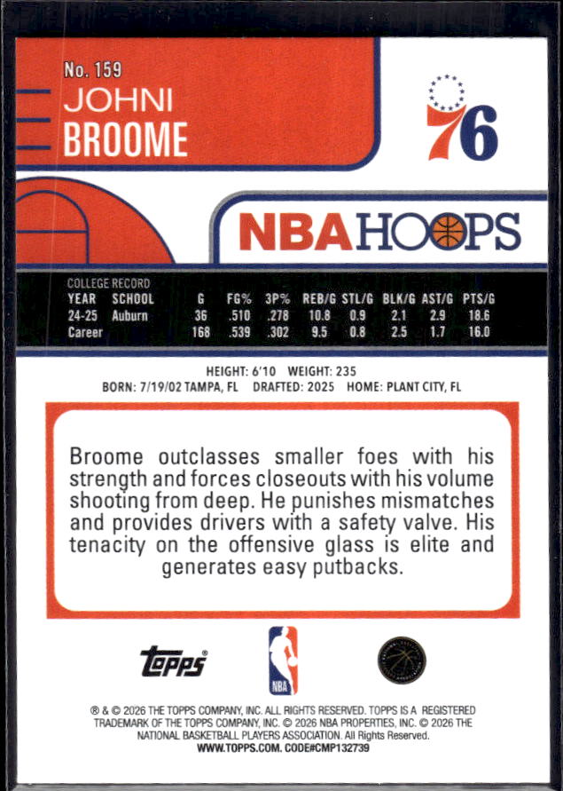 2025-26 Hoops #159 Johni Broome Base – back