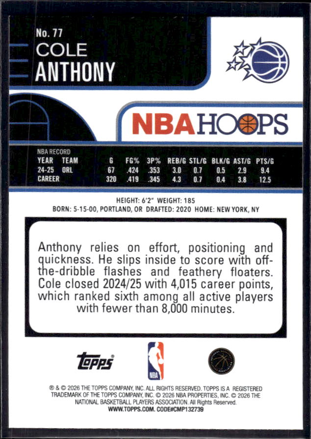2025-26 Hoops #77 Cole Anthony Base – back