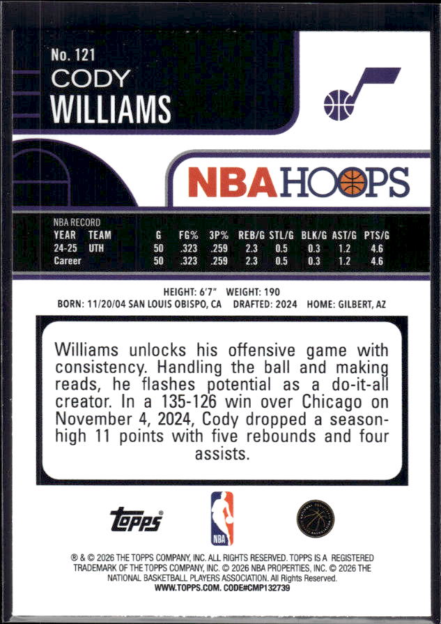 2025-26 Hoops #121 Cody Williams Base – back