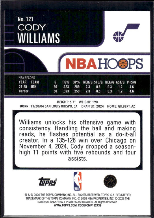 2025-26 Hoops #121 Cody Williams Base – back