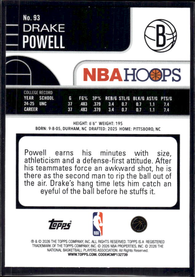 2025-26 Hoops #93 Drake Powell Base – back