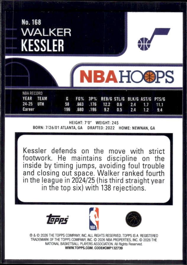2025-26 Hoops #168 Walker Kessler Base – back