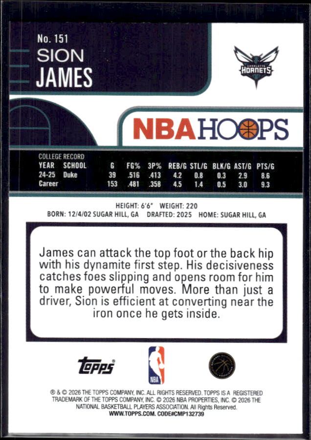 2025-26 Hoops #151 Sion James Base – back