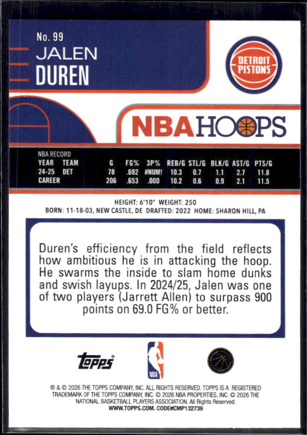 2025-26 Hoops #99 Jalen Duren Base – back