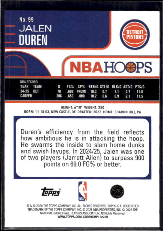 2025-26 Hoops #99 Jalen Duren Base – back