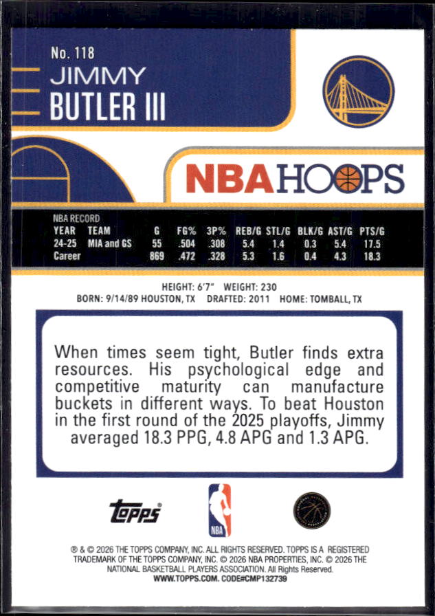 2025-26 Hoops #118 Jimmy Butler III Base – back